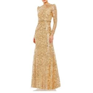 Mac Duggal Gold Embellished High Neck Long Sleeve Gown 68011 Women’s Sz 18